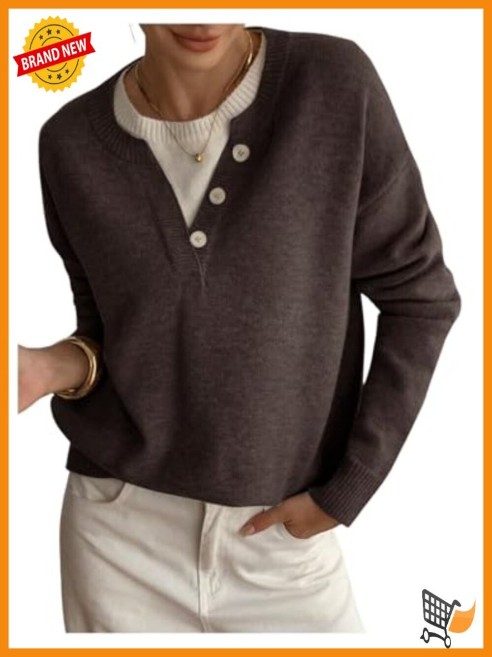 Womens Oversized Henley Pullover Sweater Button Front Long Sleeve Soft Knit Top